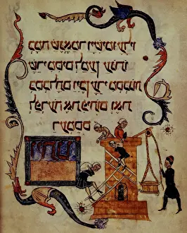 Pulley Prints: FLIP - The Hebrews building cities for Pharoah, 14th century. Creator: Unknown