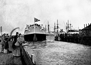Portsmouth Prints: Floating of H.M.S. 'Majestic' at Portsmouth, January 31, 1895. Creator: Symonds