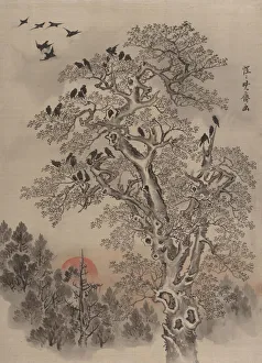 Kawanabe Kyosai Prints: Flock of Crows at Dawn, ca. 1887. Creator: Kawanabe Kyosai