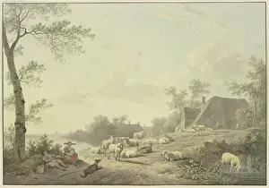Sitting On Ground Prints: A flock of sheep by a path near farmhouses, 1803. Creator: Abraham Teerlink