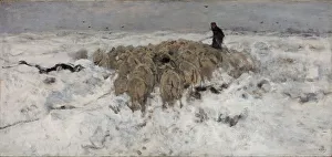 Flock of sheep with shepherd in the snow, 1887-1888. Artist: Mauve, Anton (1838-1888) Flock of sheep with shepherd in the snow, 1887-1888. Artist: Mauve, Anton (1838-1888)