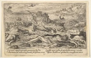 The Flood destroys life on earth: corpses of humans and animals adrift in the foreground