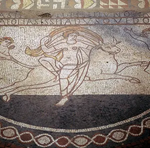 Detail of Floor mosaic showing Europa riding a bull, Lullingstone Roman Villa, Kent Detail of Floor mosaic showing Europa riding a bull, Lullingstone Roman Villa, Kent