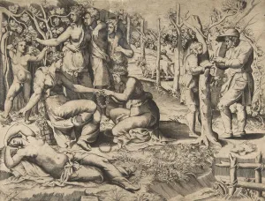 Flora in the centre passing a wreath to another woman, surrounded by other fig Flora in the centre passing a wreath to another woman, surrounded by other fig