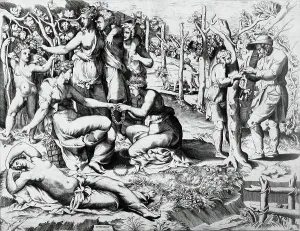 Wreaths Prints: Flora and Her Nymphs, c1546. Creator: Giulio Bonasone