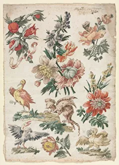 Watercolour And Gouache Prints: Floral Designs with Birds and Griffon, 1784. Creator: Giacomo Cavenezia (Italian)