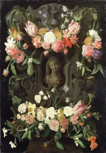 Cartouche Prints: Flower around a Cartouche with an Image of the Virgin