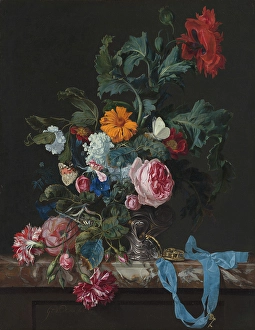 Peony Prints: Flower Still Life with a Timepiece, c1647-1683. Creator: Willem van Aelst