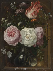 Tulips Prints: Flower still life with a tulip and roses in a glass vase