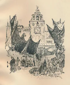 Cg Holme Prints: Flower Market, Venice, late 19th-early 20th century, (1925). Creator: Joseph Pennell