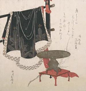 Wardrobe Prints: Flower Vase with Stand; Dress Hanging on a Clothesrack. Creator: Hachifusa Shuri