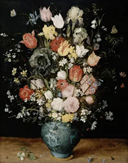 Art History Museum Prints: Flowers in blue vase, ca 1608. Creator: Brueghel, Jan, the Elder (1568-1625)