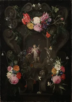 Cartouche Prints: Flowers Around a Cartouche with an Image of Putto. Creator: Unknown