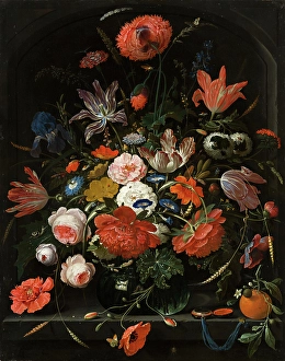 Flowers in a Glass Vase, 1670. Creator: Abraham Mignon