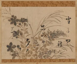 Honami Koetsu Prints: Flowers, grasses, and a poem, Edo period, 1615-1637. Creator: Hon'ami Koetsu