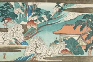 Garden Feature Prints: Flowers at the House of Waterfalls, mid 19th century. Creator: Takashima Chiharu