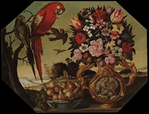 Octagonal Prints: Flowers and parrots, c1700. Creator: Unknown