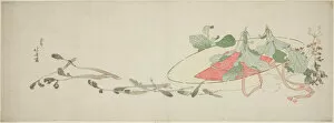 Ebangire Surimono Gallery: Flowers and spring greens in a hat, Japan, c. 1801. Creator: Hokusai