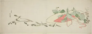Ebangire Prints: Flowers and spring greens in a hat, Japan, c. 1801. Creator: Hokusai