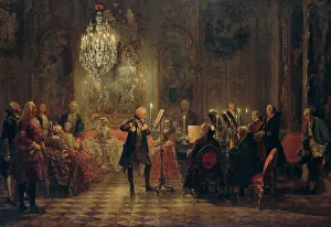 Flute Concert with Frederick the Great in Sanssouci, 1850-1852. Artist: Menzel, Adolph Friedrich, von (1815-1905) Flute Concert with Frederick the Great in Sanssouci, 1850-1852. Artist: Menzel, Adolph Friedrich, von (1815-1905)