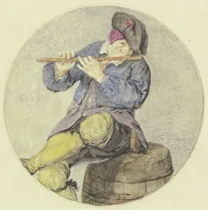 Barrels Prints: Flute player sitting on a barrel, 1689. Creator: Cornelis Dusart