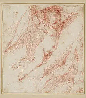 Cream Prints: Flying Putto and the Arm of a Man, between 1640 and 1649. Creator: Guercino