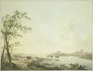 Misty Prints: Foggy morning by a river, seven cows on the bank