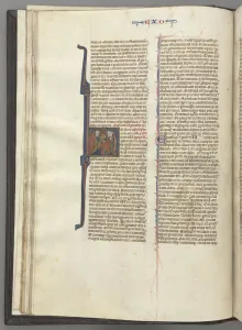 Fol. 20v, Exodus, historiated initial H, Moses and two followers with the tablets of the law, c