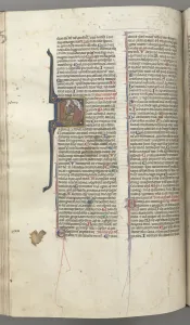 Fol. 220v, Psalm 38, historiated initial D, David kneeling, gesturing to the bust of God above, c