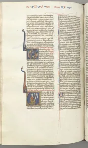 Toulouse Prints: Fol. 358v, Micah, historiated initial V, Micah kneeling, bust of God above, c. 1275-1300