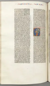 Fol. 361v, Habbakuk, historiated initial O, Habbakuk holding a basket and two stones