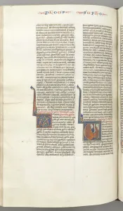 Fol. 362v, Zephaniah, historiated initial V, Zephaniah kneeling with a scroll, bust of God