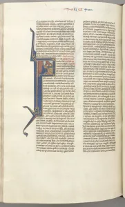 Fol. 412v, Luke, historiated initial F, Luke praying at an altar, bust of God above, c