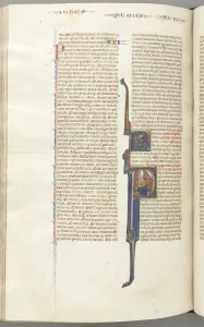 Fol. 435v, Romans, historiated initial P, Paul seated with a sword talking to the bust of God