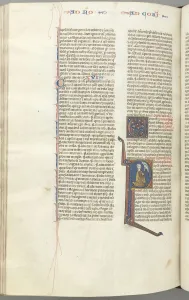 Fol. 440v, Corinthians I, historiated initial P, Paul kneeling talking to the bust of God above, c