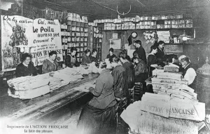 Folding machine room, printing works of the L Action Francaise newspaper, Paris, 1917