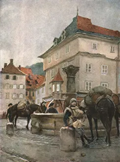 Pack Horse Prints: Un fontaine a Thann, 1915. Creator: Francois Flameng