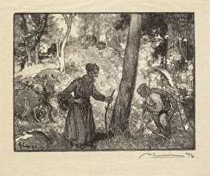 Desmoulins Prints: Fontainebleau Forest: Mushroom Hunters at the Rocher Bernard (La Foret de Fontainebleau