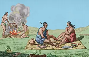 Sitting On Ground Prints: Food and meal preparation, Seminoles Indians