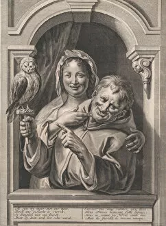 Fool Gallery: A Fool with an Owl and a Woman at a Window, 17th century. Creator: Pieter de Jode II