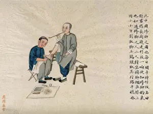 Pei Qun Prints: A foot doctor at work: the male patient is seated on a bench and smoking a pipe