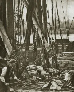 Bargeman Prints: At the foot of the mast on a Thames Barge, London, 20th century
