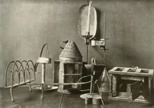 Lantern Prints: Foot-warmer; oil lamps; candle sconce; tin lantern; and toaster, c18th century, (1937)