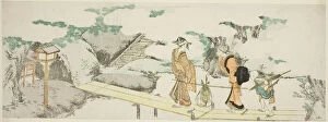 Ebangire Surimono Gallery: On the footbridge, Japan, n.d. Creator: Hokusai