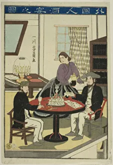 Yokohama Prints: Foreigners Drinking Wine (Gaikokujin shuen no zu), 1860. Creator: Yoshikazu