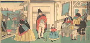 Utagawa Yoshikazu Prints: Foreigners Enjoying a Banquet, 2nd month, 1862. Creator: Yoshikazu