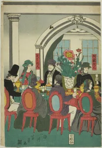 Yokohama Prints: Foreigners from Five Nations at a Banquet (Gokakoku ijin shuen no zu), 1861