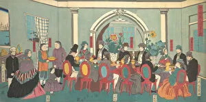 Banquet Hall Gallery: Foreigners from the Five Nations Enjoying a Banquet, 3rd month, 1861. Creator: Yoshikazu
