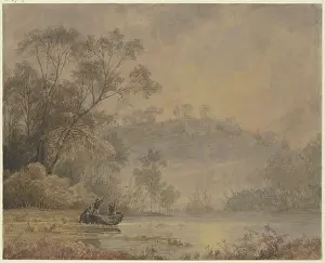 Schirmer Johann Wilhelm Prints: Forest lake, from whose shore a boat with three men is departing