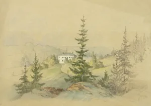 Forest landscape with farmhouse and lake with sailing boat in the distance, 1870-1892. Creator: Lars Theodor Billing